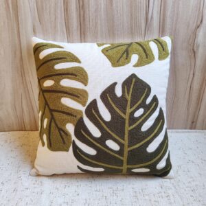 HARRY Olive Green Monstera Hand Embroidered Pillow Cover