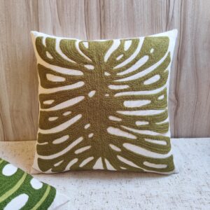 OSCAR Green Monstera Hand Embroidered Pillow Cover