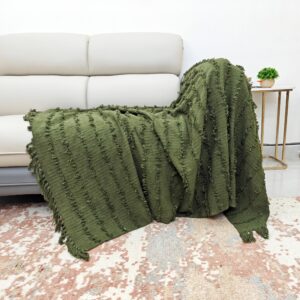 Olive Green Textured Shag Throw with Fringe