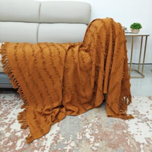 Rustic Burnt Orange Textured Shag Throw with Fringe