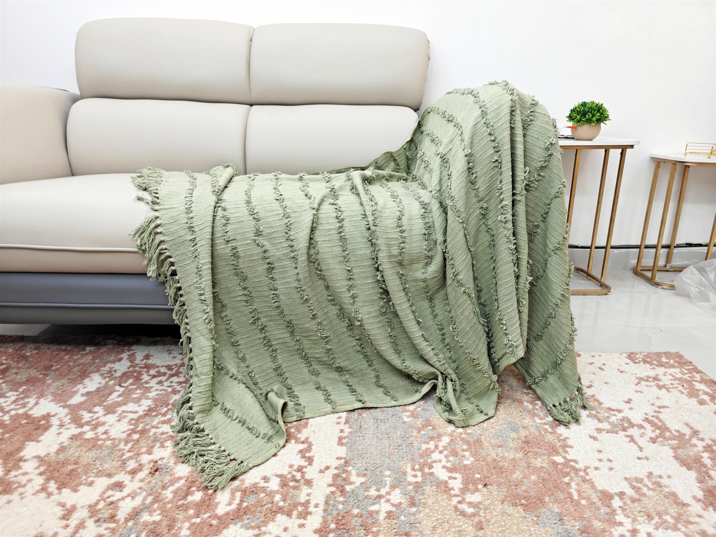 Bohemian Accent Hand-Tufted Green Fringe Throw