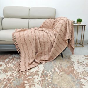 Blush Pink Textured Hand-Tufted Throw with Fringes