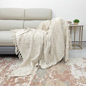 Neutral Beige Hand-Tufted Textured Throw Blanket with Fringe